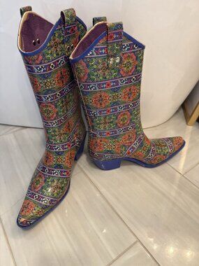 Western Cowboy Rain Boots Blue Floral Boho Print Pointed Toe Women's Size 8